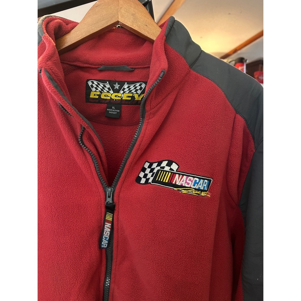 NASCAR Racing Jacket Mens XL Fleece Checkered Flag Gray Red Full Zip vintage
